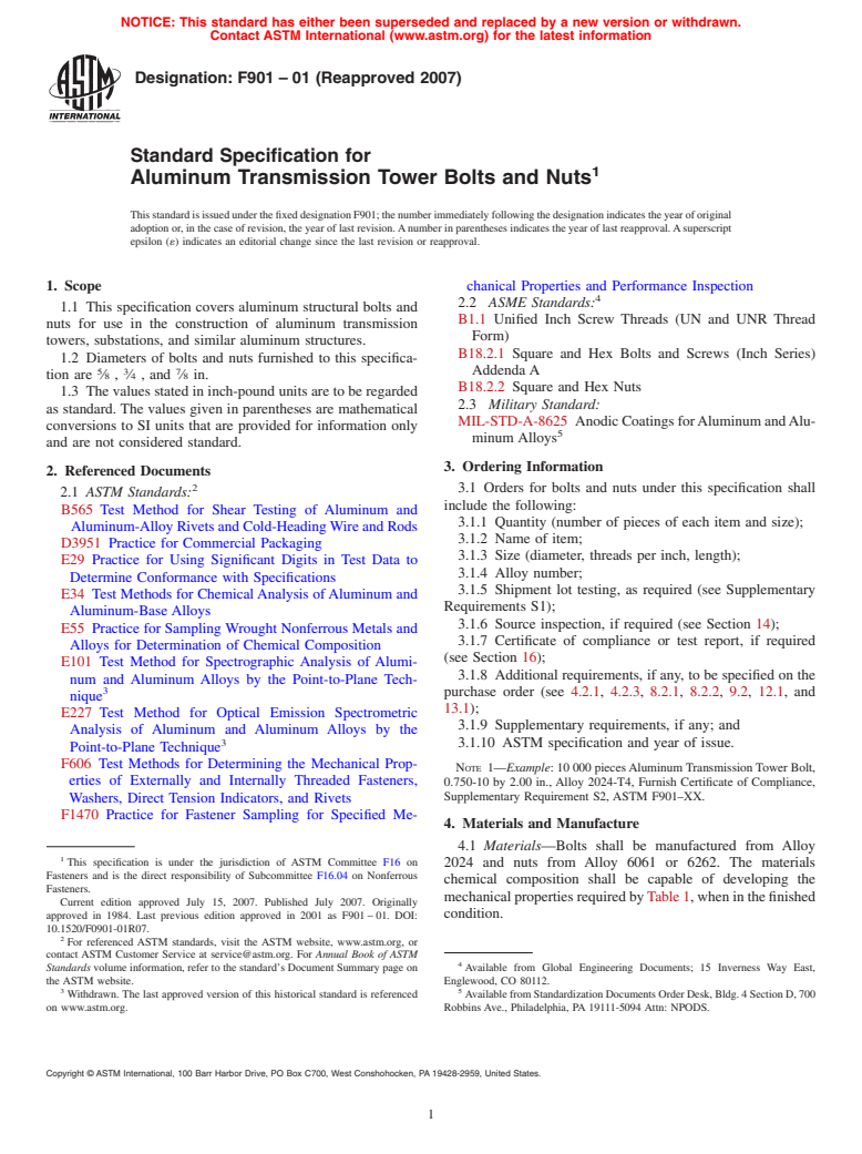 ASTM F901-01(2007) - Standard Specification for Aluminum Transmission Tower Bolts and Nuts