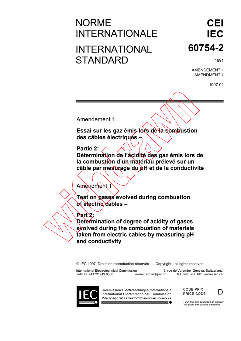 IEC 60754-2:1991/AMD1:1997 - Amendment 1 - Test on gases evolved during combustion of electric cables - Part 2: Determination of degree of acidity of gases evolved during the combustion of materials taken from electric cables by measuring pH and conductivity
Released:4/16/1997
Isbn:2831837987