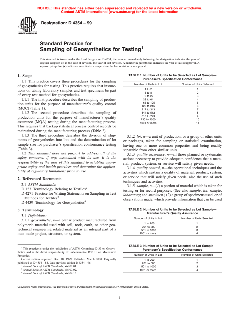 ASTM D4354-99 - Standard Practice for Sampling of Geosynthetics for Testing