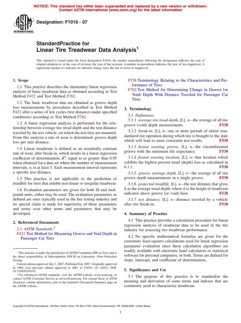 ASTM F1016-07 - Standard Practice for Linear Tire Treadwear Data Analysis