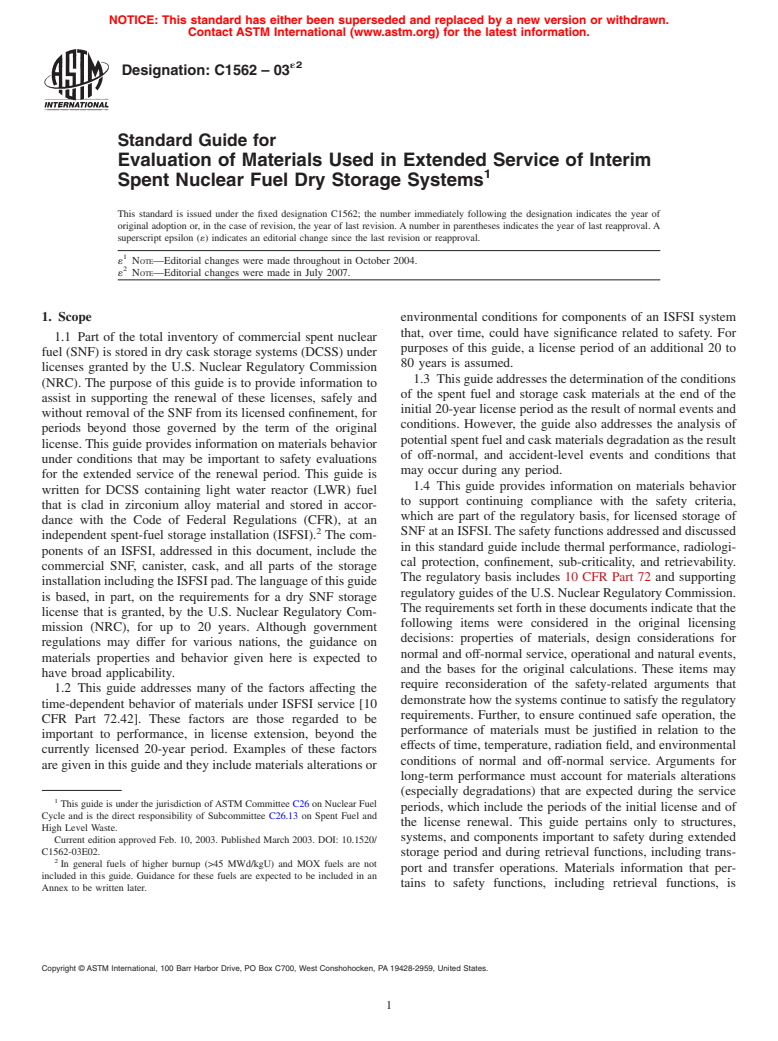 ASTM C1562-03e2 - Standard Guide for Evaluation of Materials Used in Extended Service of Interim Spent Nuclear Fuel Dry Storage Systems