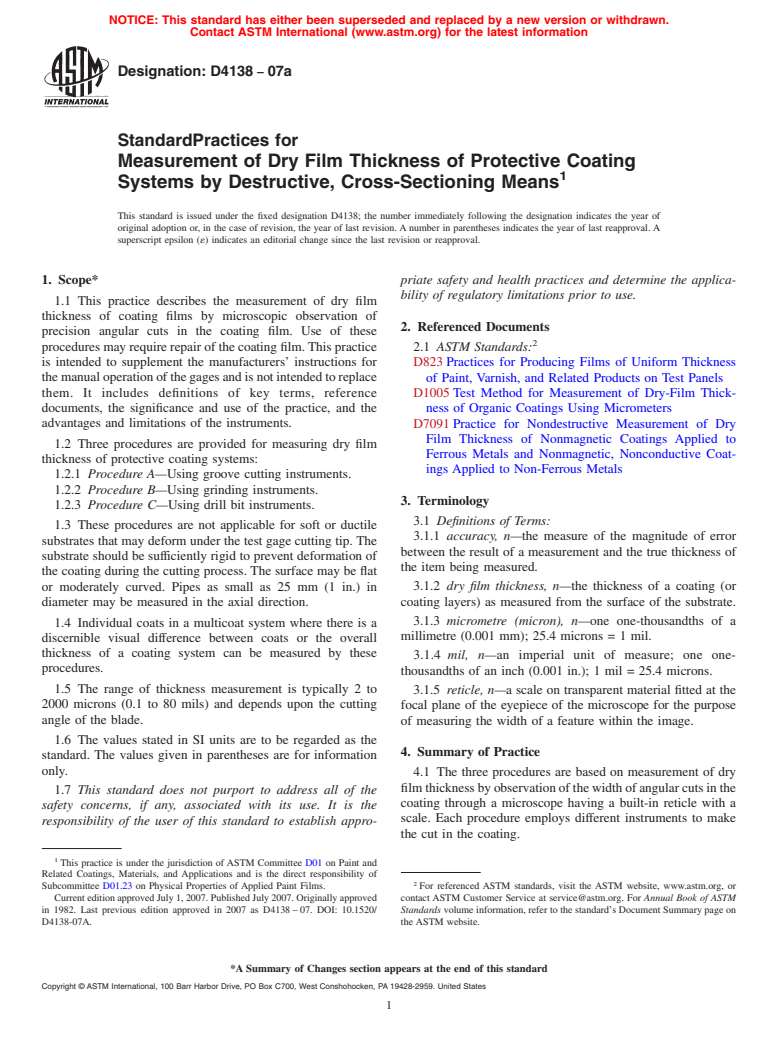 ASTM D4138-07a - Standard Practices for Measurement of Dry Film Thickness of Protective Coating Systems by Destructive, Cross-Sectioning Means