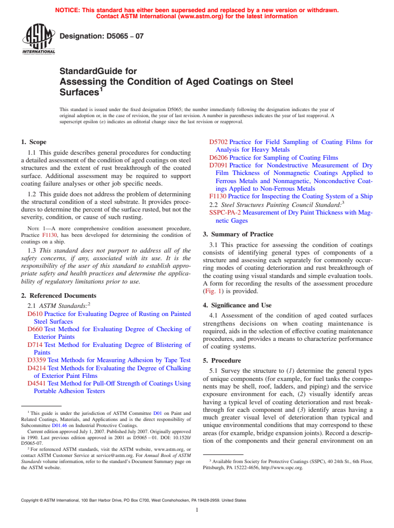 ASTM D5065-07 - Standard Guide for Assessing the Condition of Aged Coatings on Steel Surfaces