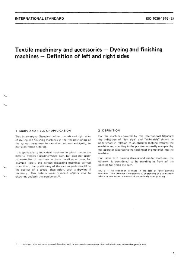 ISO 1036:1976 - Textile machinery and accessories -- Dyeing and finishing machines -- Definition of left and right sides