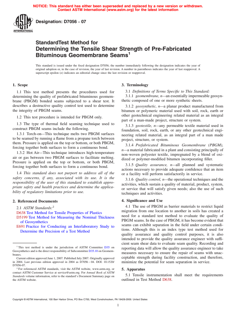 ASTM D7056-07 - Standard Test Method for Determining the Tensile Shear Strength of Pre-Fabricated Bituminous Geomembrane Seams