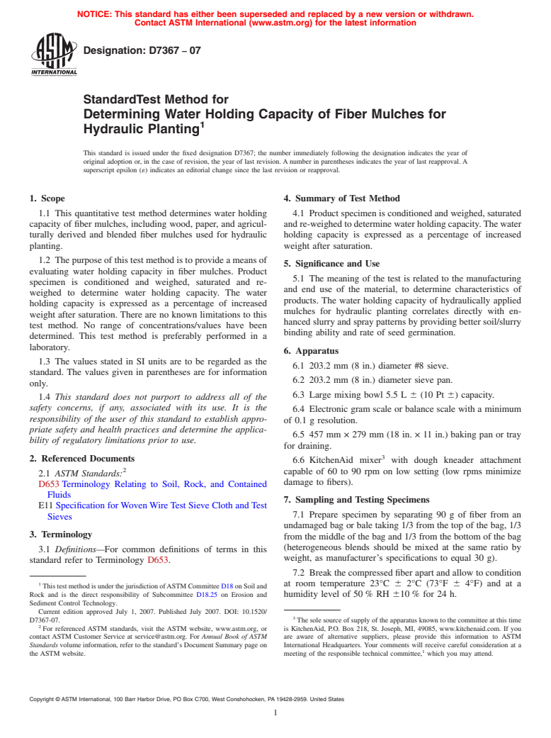 ASTM D7367-07 - Standard Test Method for Determining Water Holding Capacity of Fiber Mulches for Hydraulic Planting