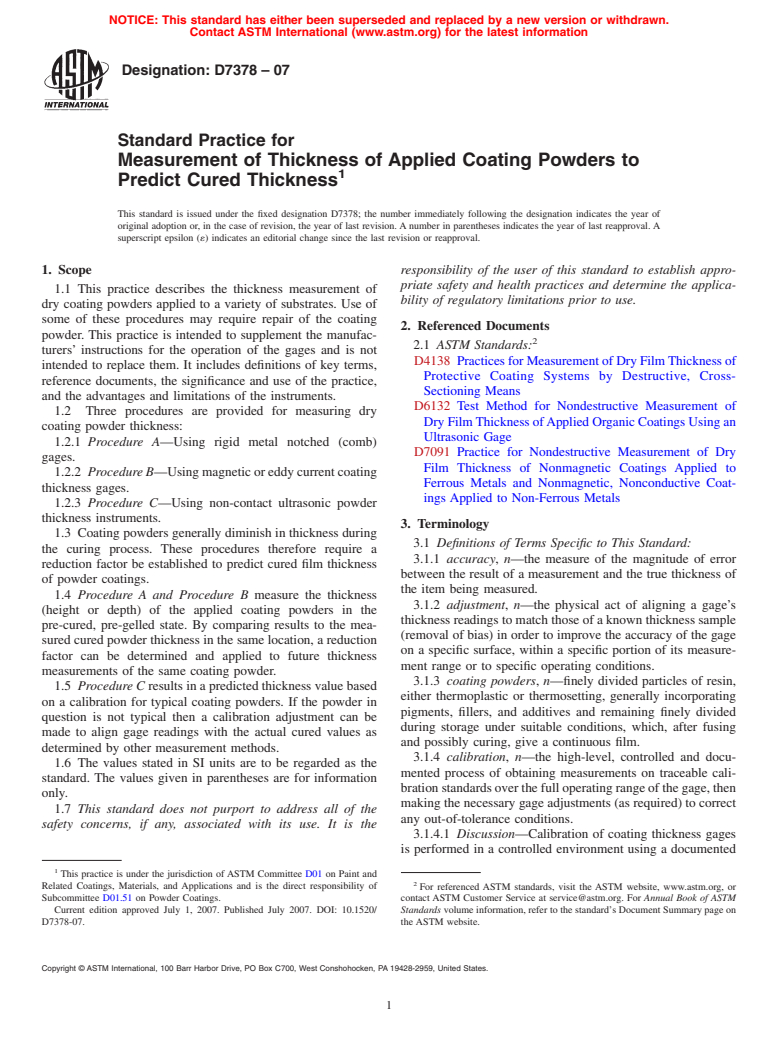 ASTM D7378-07 - Standard Practice for Measurement of Thickness of Applied Coating Powders to Predict Cured Thickness