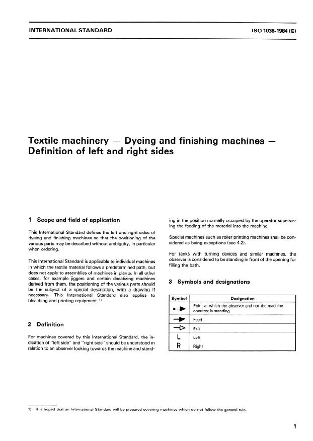ISO 1036:1984 - Textile machinery -- Dyeing and finishing machines -- Definition of left and right sides