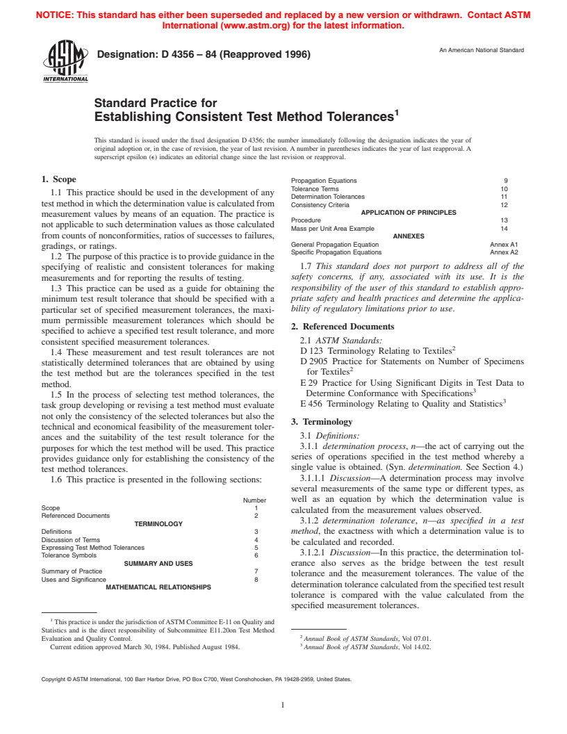 ASTM D4356-84(1996) - Standard Practice for Establishing Consistent Test Method Tolerances