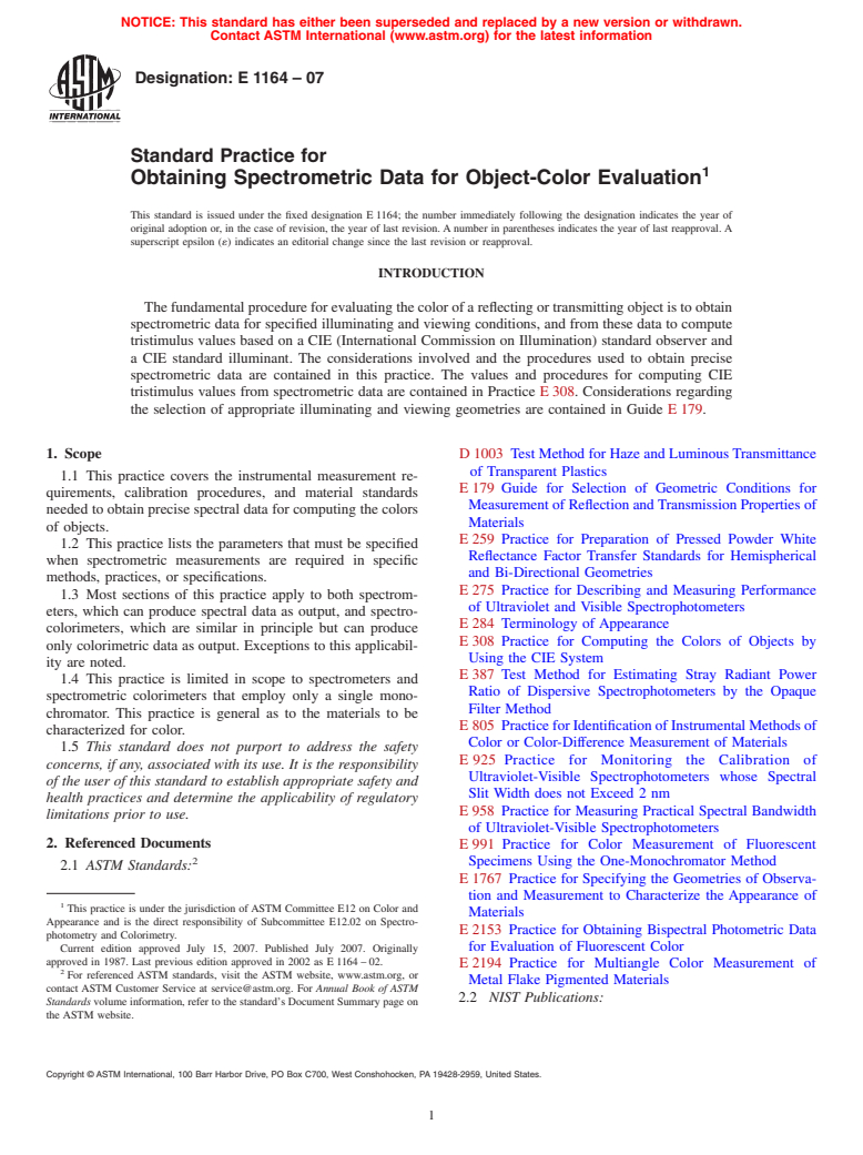 ASTM E1164-07 - Standard Practice for Obtaining Spectrometric Data for Object-Color Evaluation
