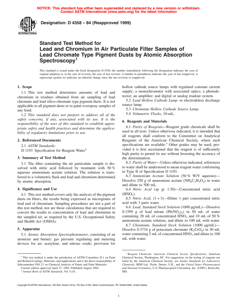 ASTM D4358-84(1999) - Standard Test Method for Lead and Chromium in Air Particulate Filter Samples of Lead Chromate Type Pigment Dusts by Atomic Absorption Spectroscopy