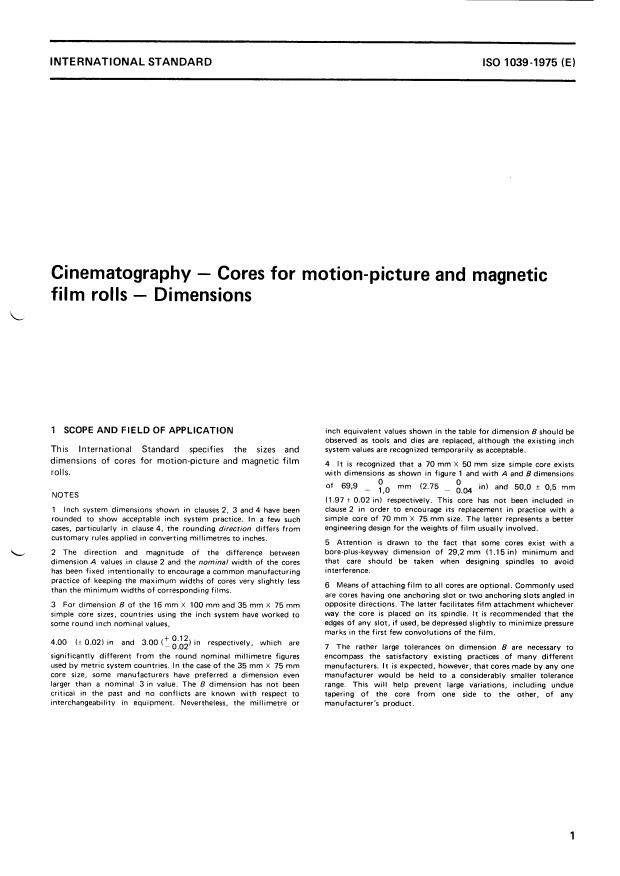 ISO 1039:1975 - Cinematography -- Cores for motion-picture and magnetic film rolls -- Dimensions