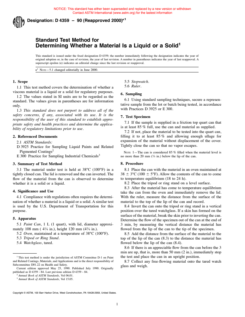 ASTM D4359-90(2000)e1 - Standard Test Method for Determining Whether a Material Is a Liquid or a Solid