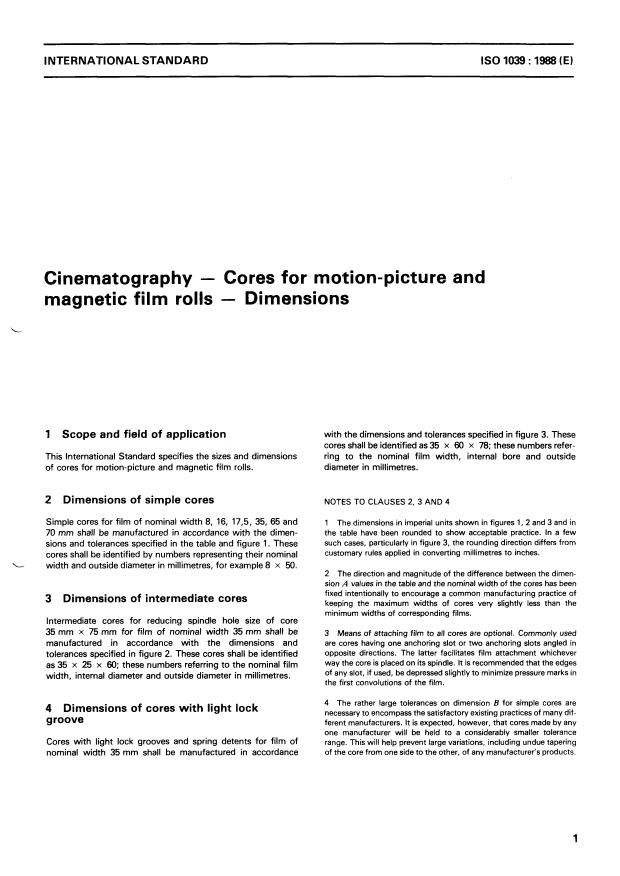 ISO 1039:1988 - Cinematography -- Cores for motion-picture and magnetic film rolls -- Dimensions