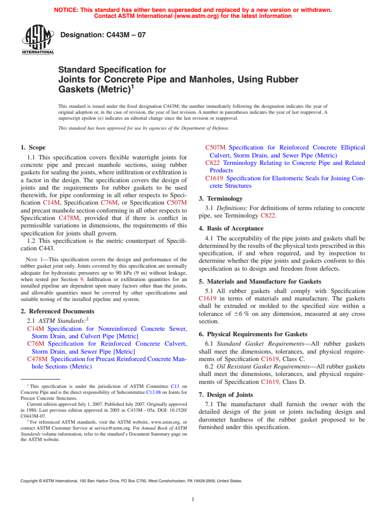 ASTM C443M-07 - Standard Specification for Joints for Concrete Pipe and Manholes, Using Rubber Gaskets (Metric)