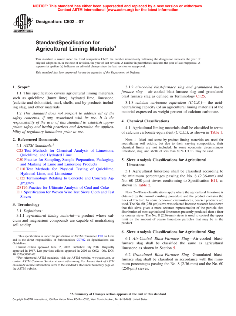 ASTM C602-07 - Standard Specification for Agricultural Liming Materials
