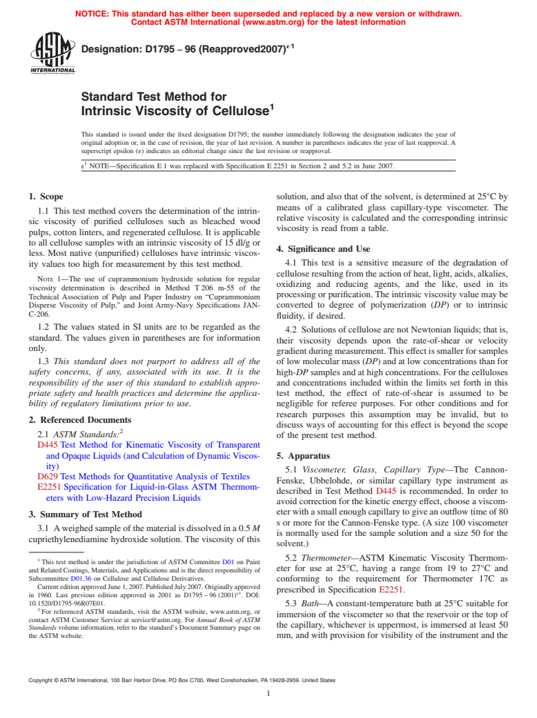 ASTM D1795-96(2007)e1 - Standard Test Method for Intrinsic Viscosity of Cellulose