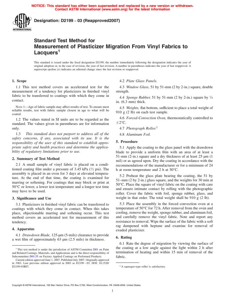 ASTM D2199-03(2007) - Standard Test Method for Measurement of Plasticizer Migration From Vinyl Fabrics to Lacquers