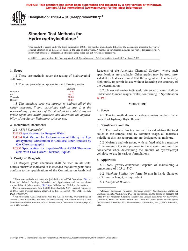 ASTM D2364-01(2007)e1 - Standard Test Methods for Hydroxyethylcellulose