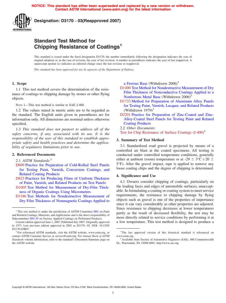 ASTM D3170-03(2007) - Standard Test Method for Chipping Resistance of Coatings