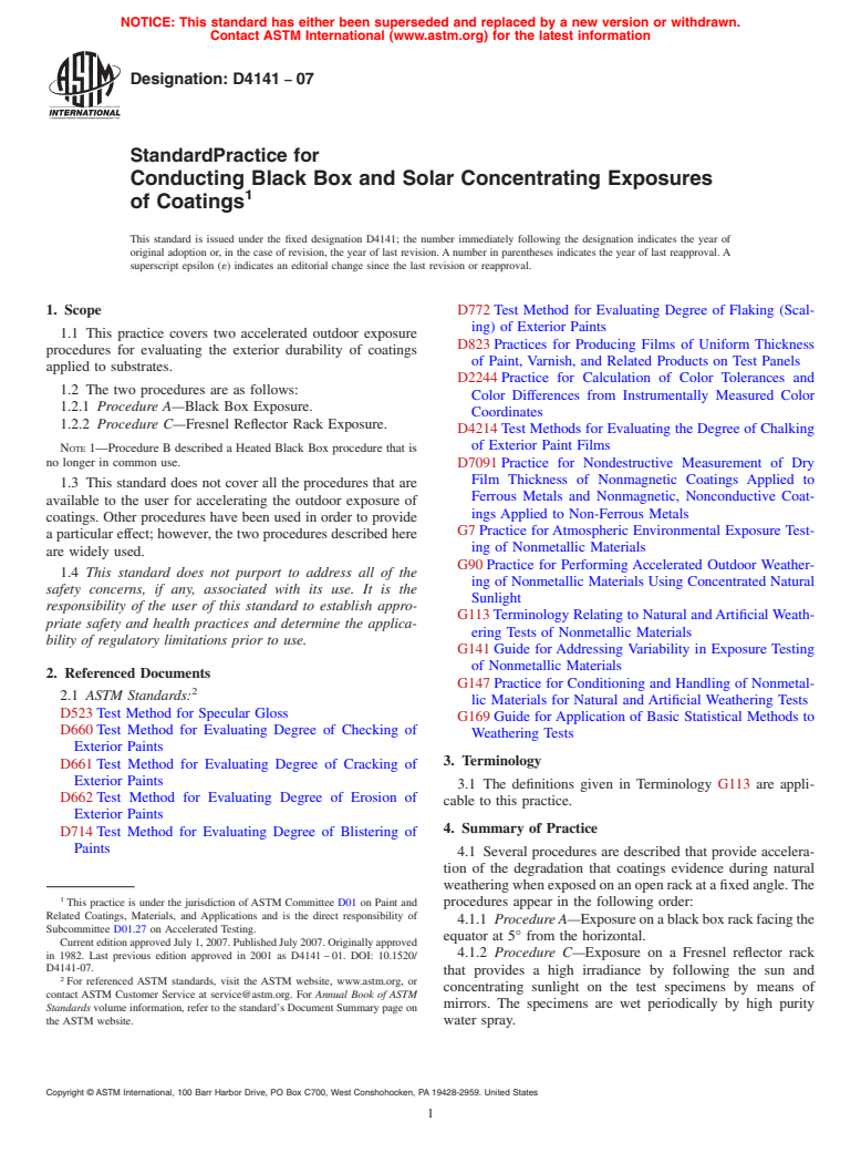 ASTM D4141-07 - Standard Practice for Conducting Black Box and Solar Concentrating Exposures of Coatings