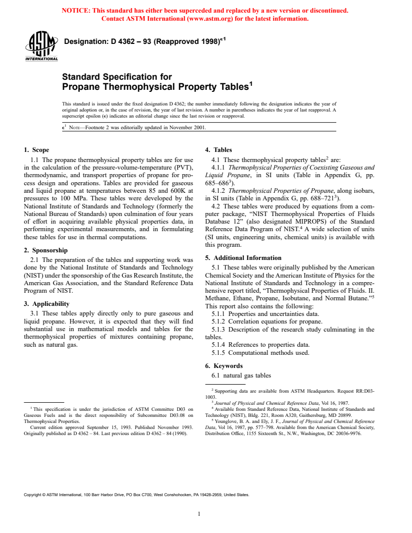 ASTM D4362-93(1998)e1 - Standard Specification for Propane Thermophysical Property Tables