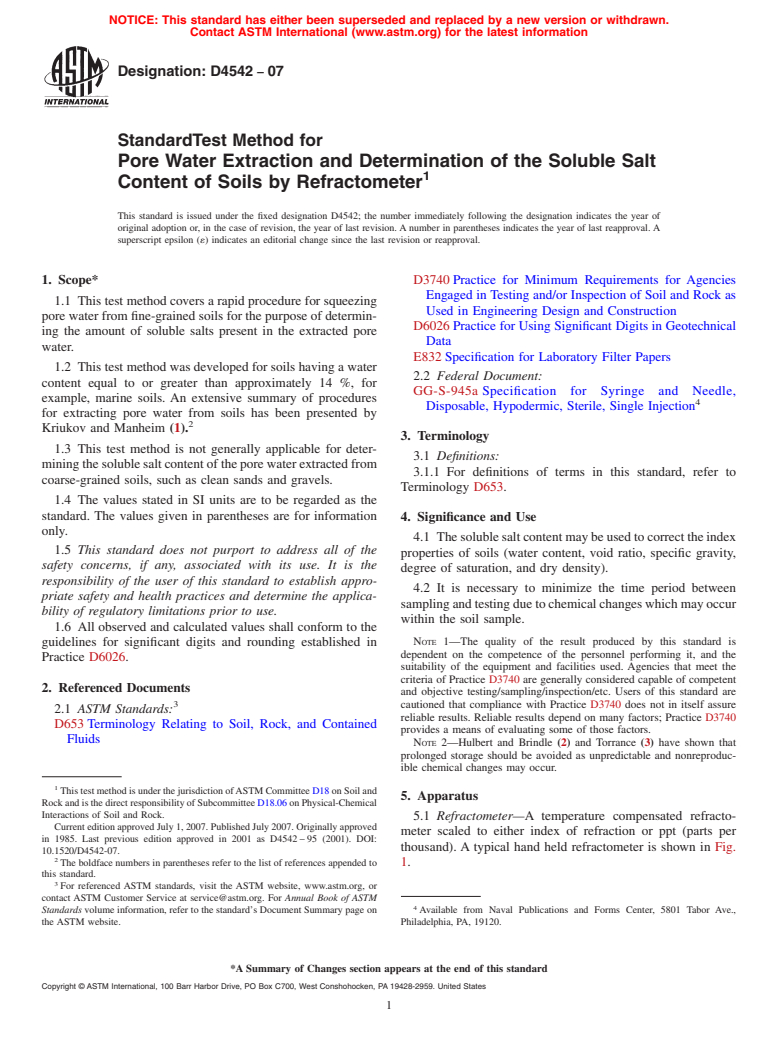 ASTM D4542-07 - Standard Test Method for Pore Water Extraction and Determination of the Soluble Salt Content of Soils by Refractometer