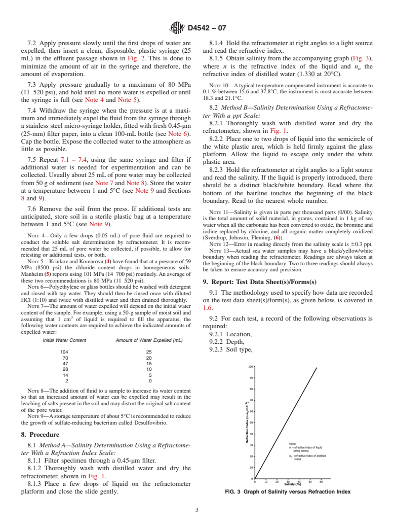 ASTM D4542-07 - Standard Test Method for Pore Water Extraction and Determination of the Soluble Salt Content of Soils by Refractometer