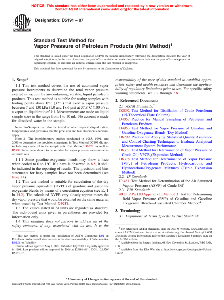 ASTM D5191-07 - Standard Test Method for Vapor Pressure of Petroleum Products (Mini Method)