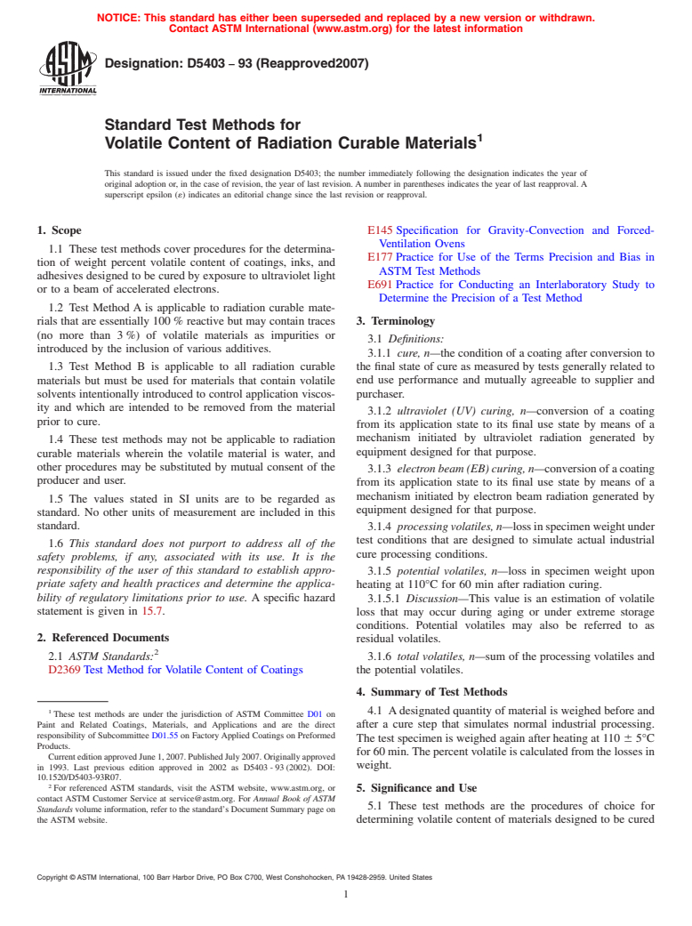 ASTM D5403-93(2007) - Standard Test Methods for Volatile Content of Radiation Curable Materials