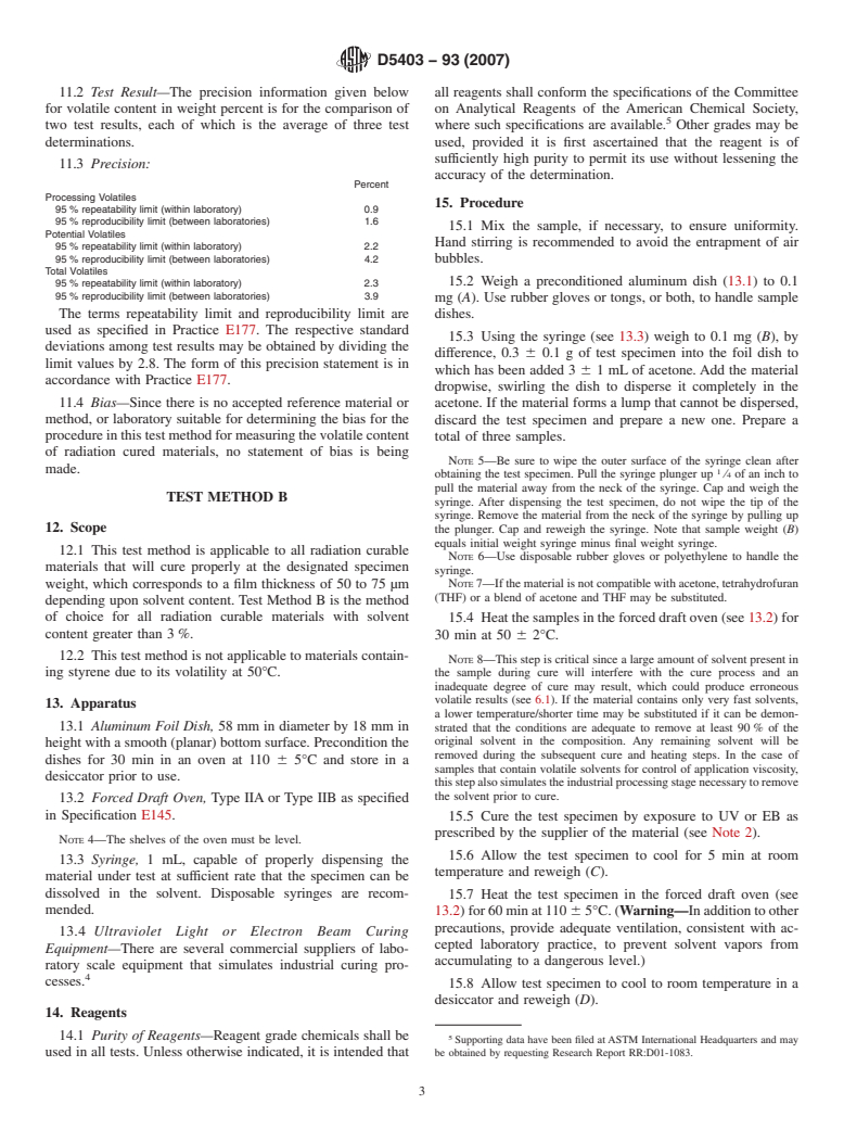 ASTM D5403-93(2007) - Standard Test Methods for Volatile Content of Radiation Curable Materials