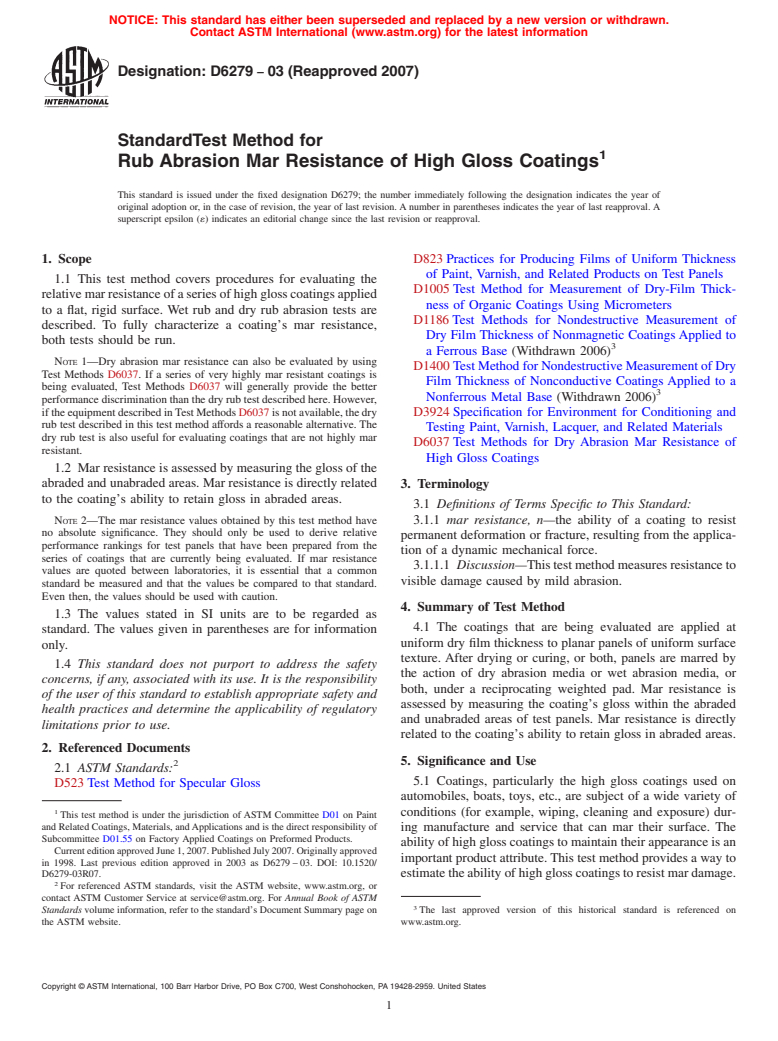 ASTM D6279-03(2007) - Standard Test Method for Rub Abrasion Mar Resistance of High Gloss Coatings