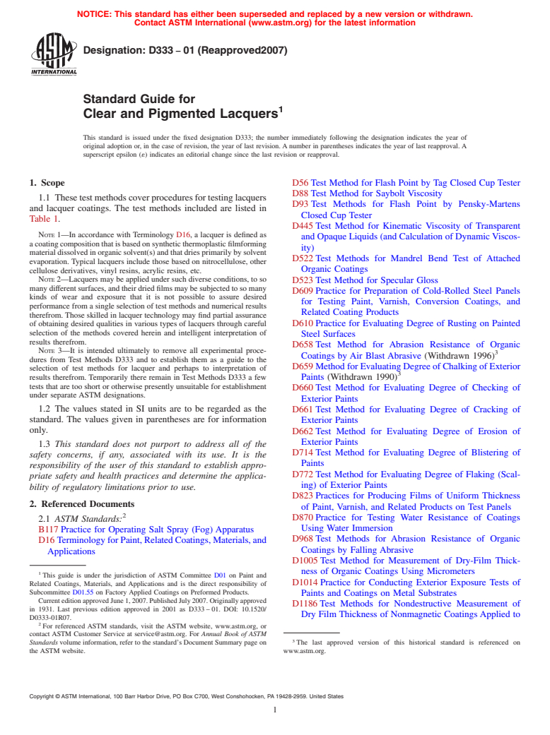 ASTM D333-01(2007) - Standard Guide for Clear and Pigmented Lacquers