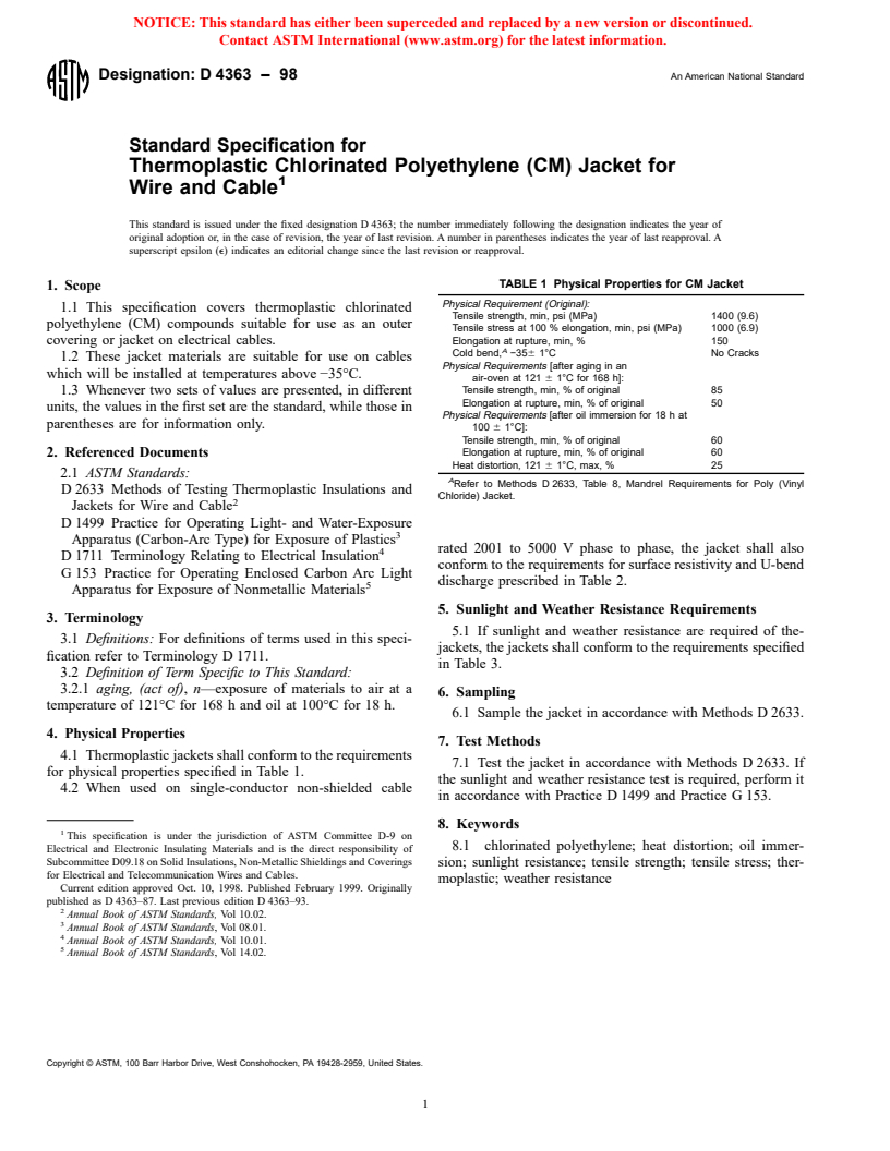 ASTM D4363-98 - Standard Specification for Thermoplastic Chlorinated Polyethylene (CM) Jacket for Wire and Cable