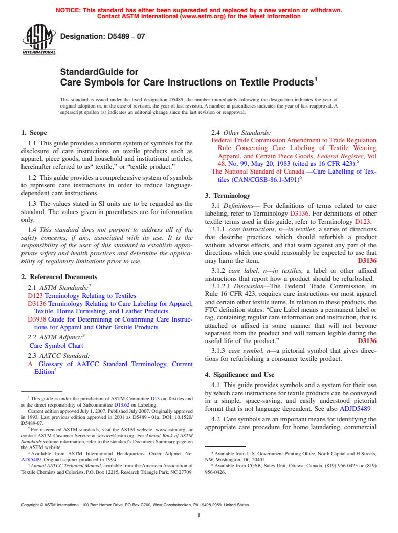 ASTM D5489-07 - Standard Guide for Care Symbols for Care Instructions on Textile Products