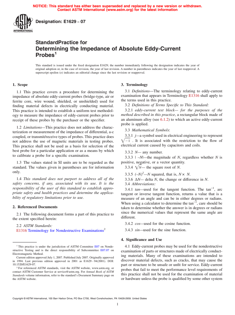 ASTM E1629-07 - Standard Practice for Determining the Impedance of Absolute Eddy-Current Probes