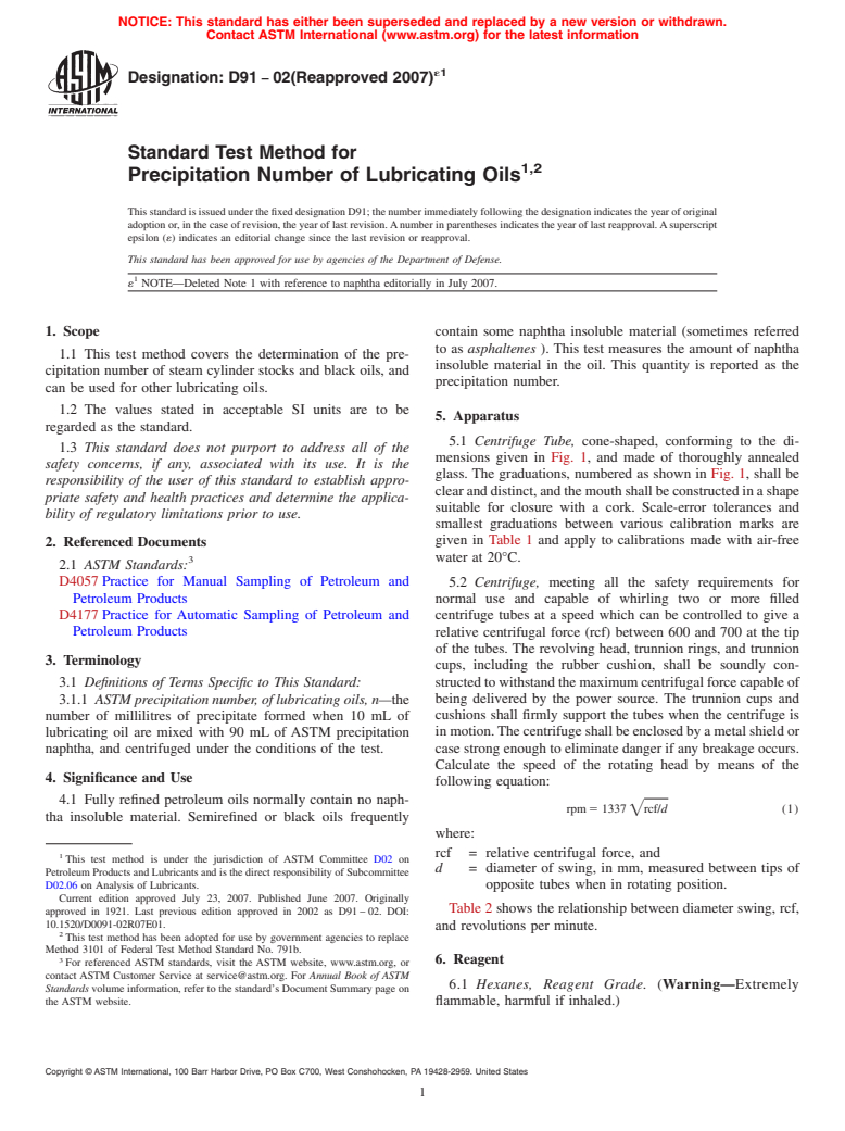 ASTM D91-02(2007)e1 - Standard Test Method for Precipitation Number of Lubricating Oils