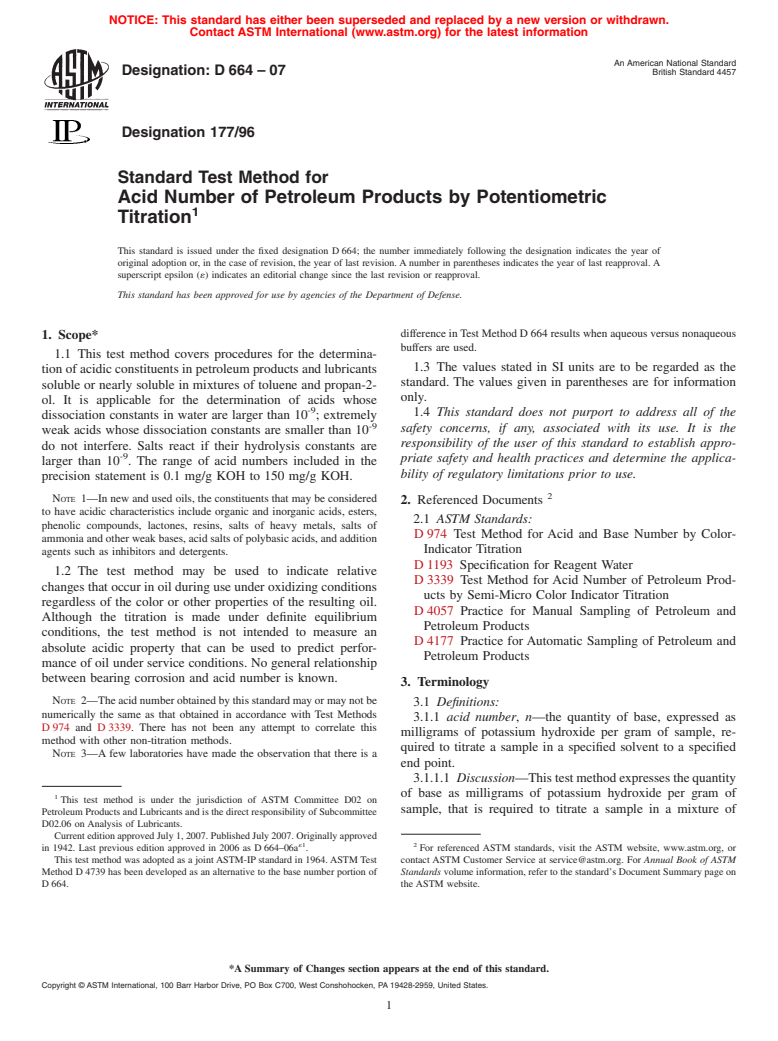 ASTM D664-07 - Standard Test Method for Acid Number of Petroleum Products by Potentiometric Titration