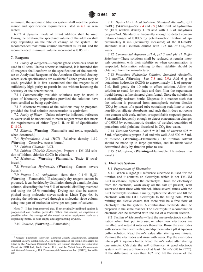 ASTM D664-07 - Standard Test Method for Acid Number of Petroleum Products by Potentiometric Titration