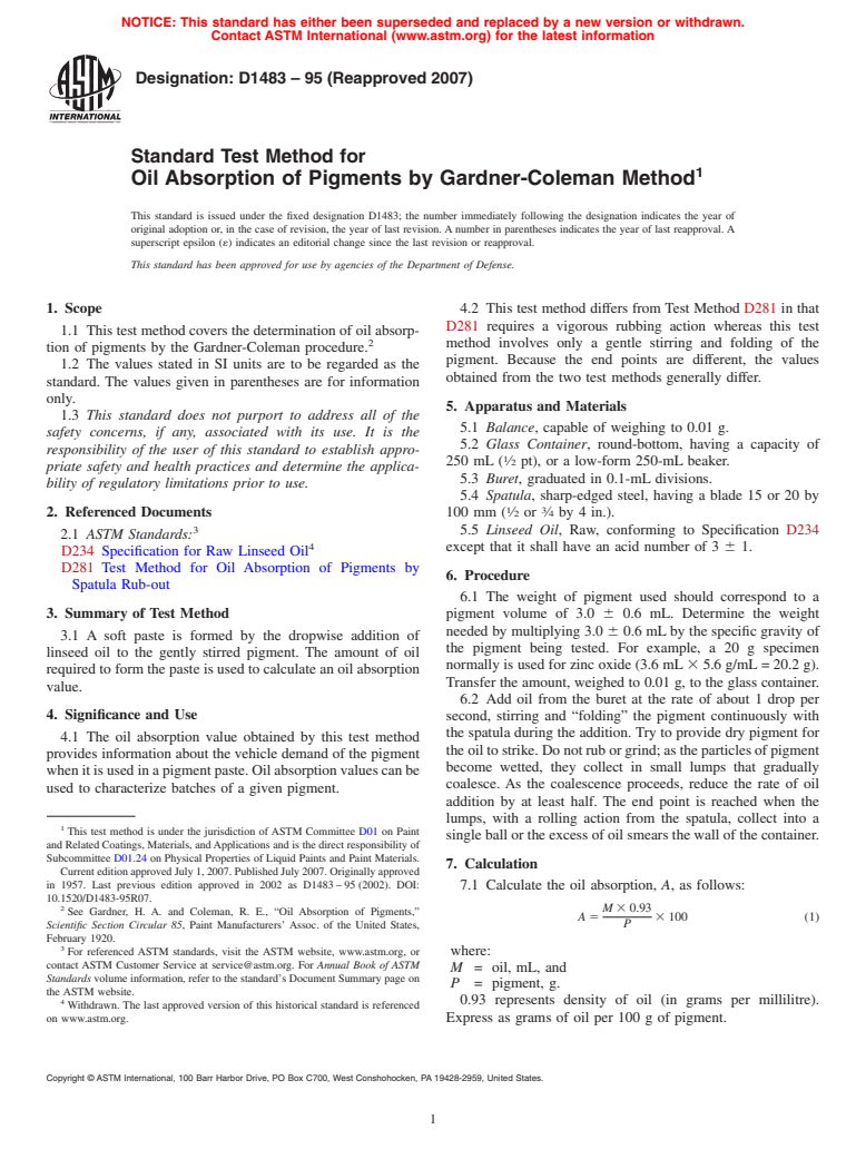 ASTM D1483-95(2007) - Standard Test Method for Oil Absorption of Pigments by Gardner-Coleman Method