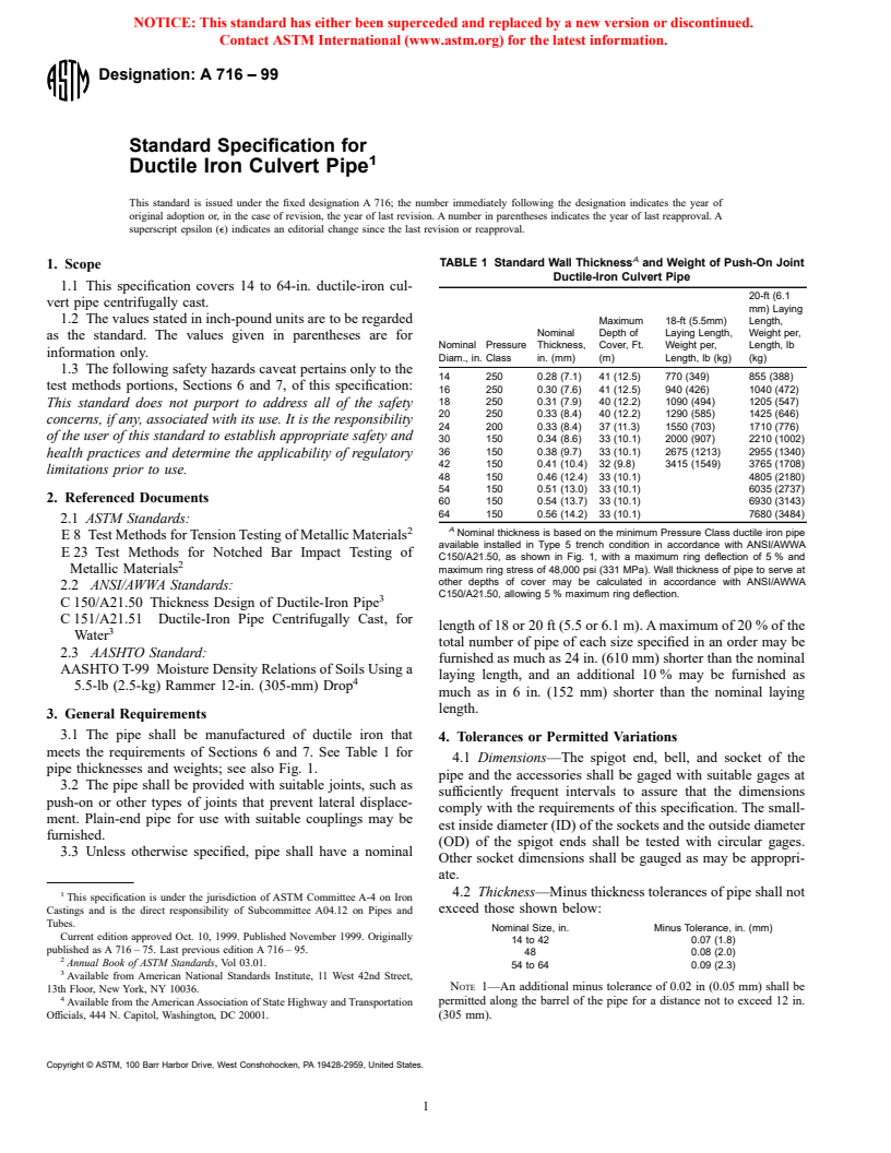 ASTM A716-99 - Standard Specification for Ductile Iron Culvert Pipe