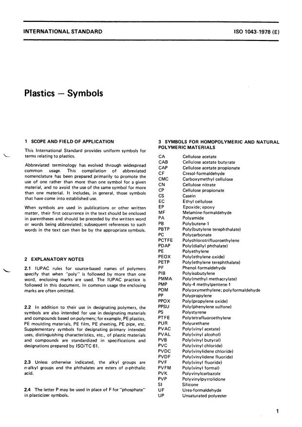 ISO 1043:1978 - Plastics -- Symbols