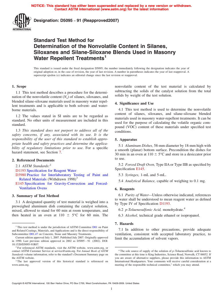 ASTM D5095-91(2007) - Standard Test Method for Determination of the Nonvolatile Content in Silanes, Siloxanes and Silane-Siloxane Blends Used in Masonry Water Repellent Treatments