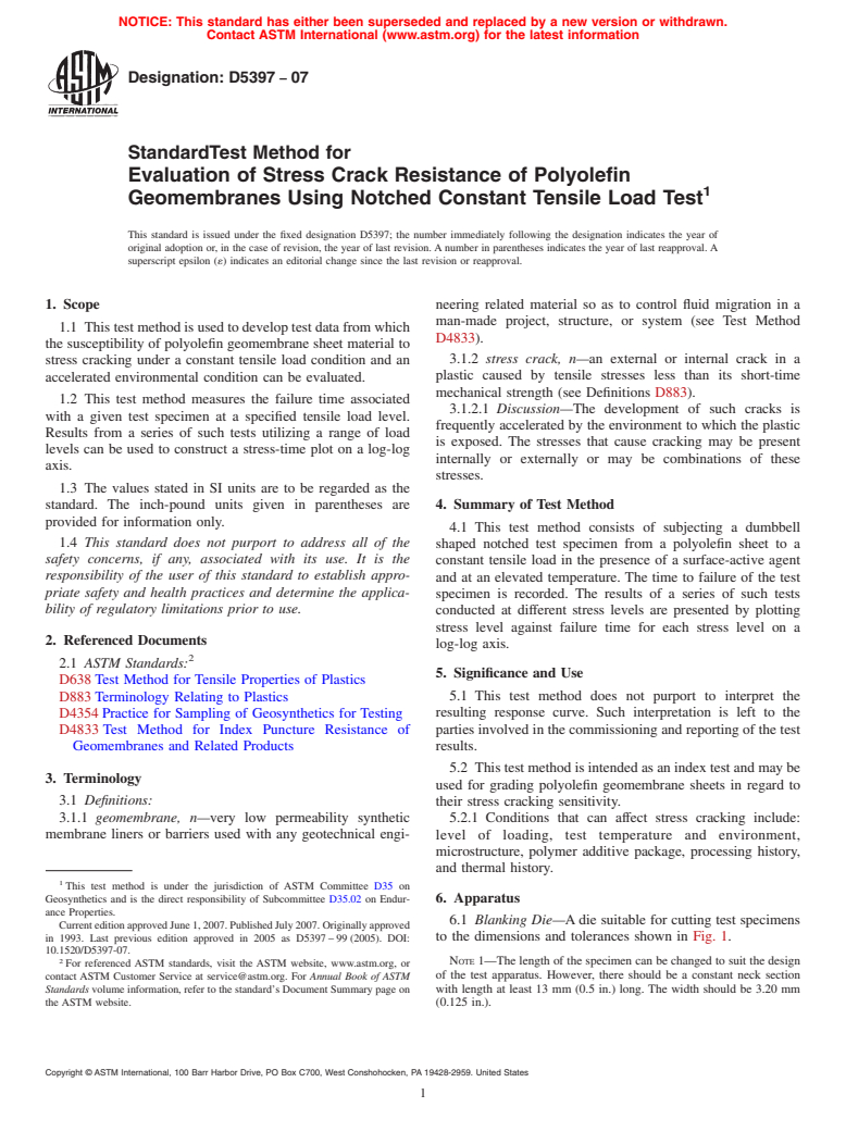 ASTM D5397-07 - Standard Test Method for Evaluation of Stress Crack Resistance of Polyolefin Geomembranes Using Notched Constant Tensile Load Test