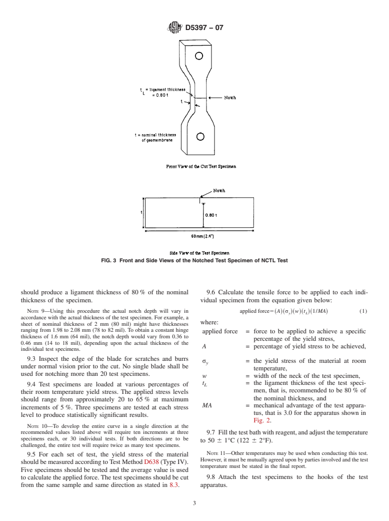 ASTM D5397-07 - Standard Test Method for Evaluation of Stress Crack Resistance of Polyolefin Geomembranes Using Notched Constant Tensile Load Test