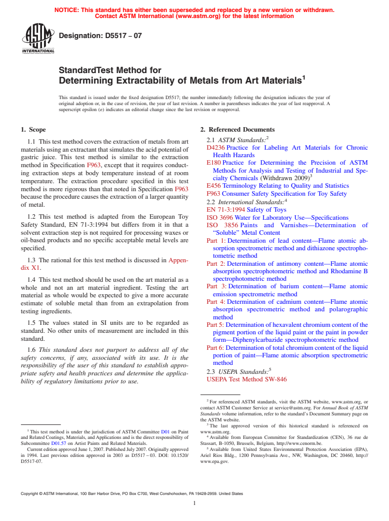 ASTM D5517-07 - Standard Test Method for Determining Extractability of Metals from Art Materials