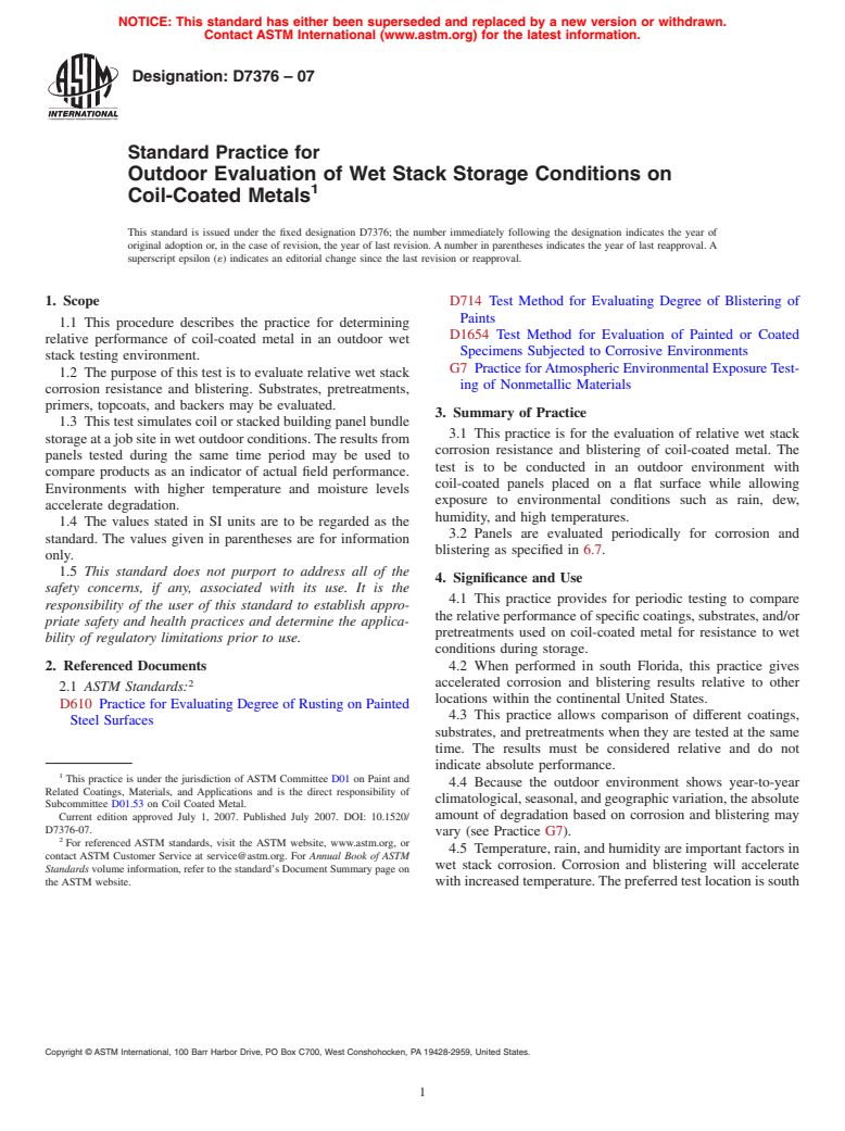 ASTM D7376-07 - Standard Practice for Outdoor Evaluation of Wet Stack Storage Conditions on Coil-Coated Metals