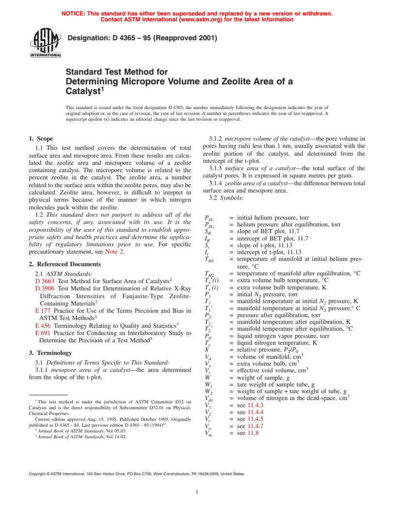 ASTM D4365-95(2001) - Standard Test Method for Determining Micropore Volume and Zeolite Area of a Catalyst