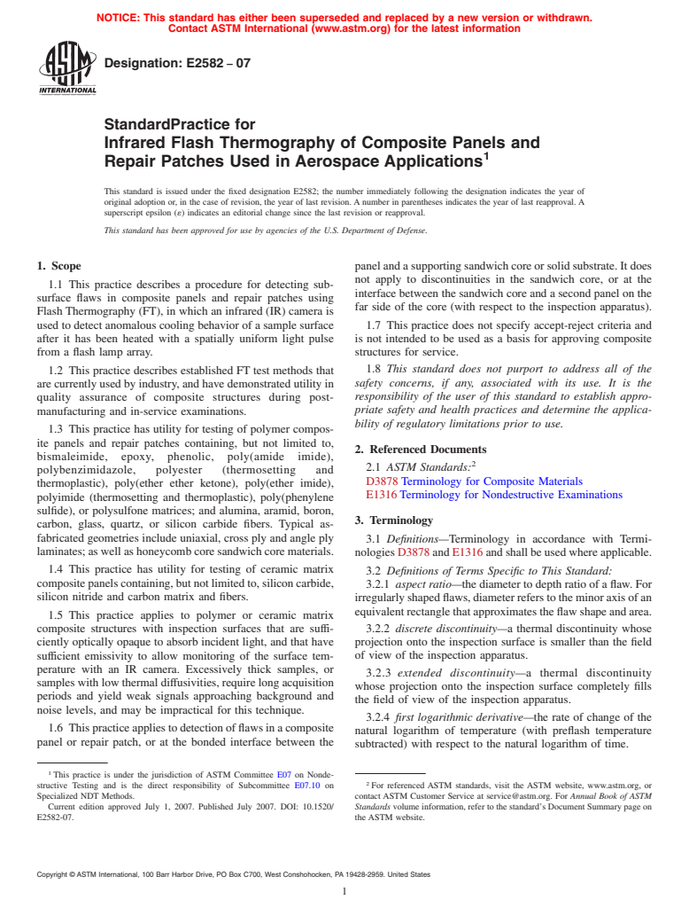 ASTM E2582-07 - Standard Practice for Infrared Flash Thermography of Composite Panels and Repair Patches Used in Aerospace Applications