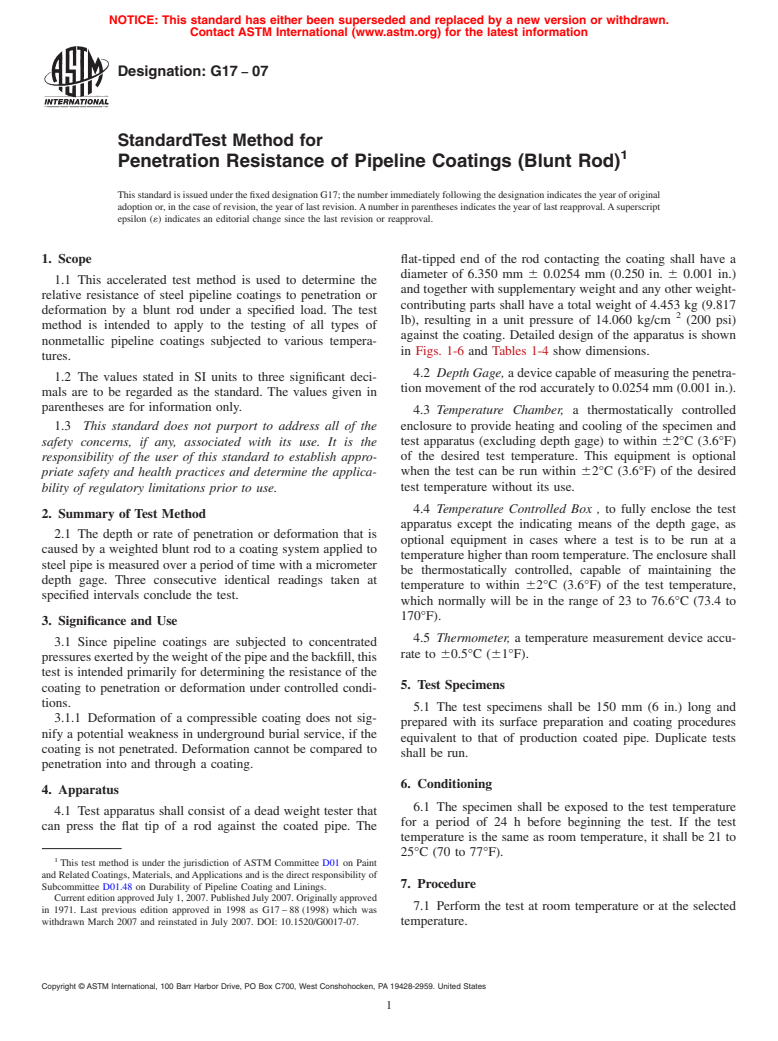 ASTM G17-07 - Standard Test Method for Penetration Resistance of Pipeline Coatings (Blunt Rod)